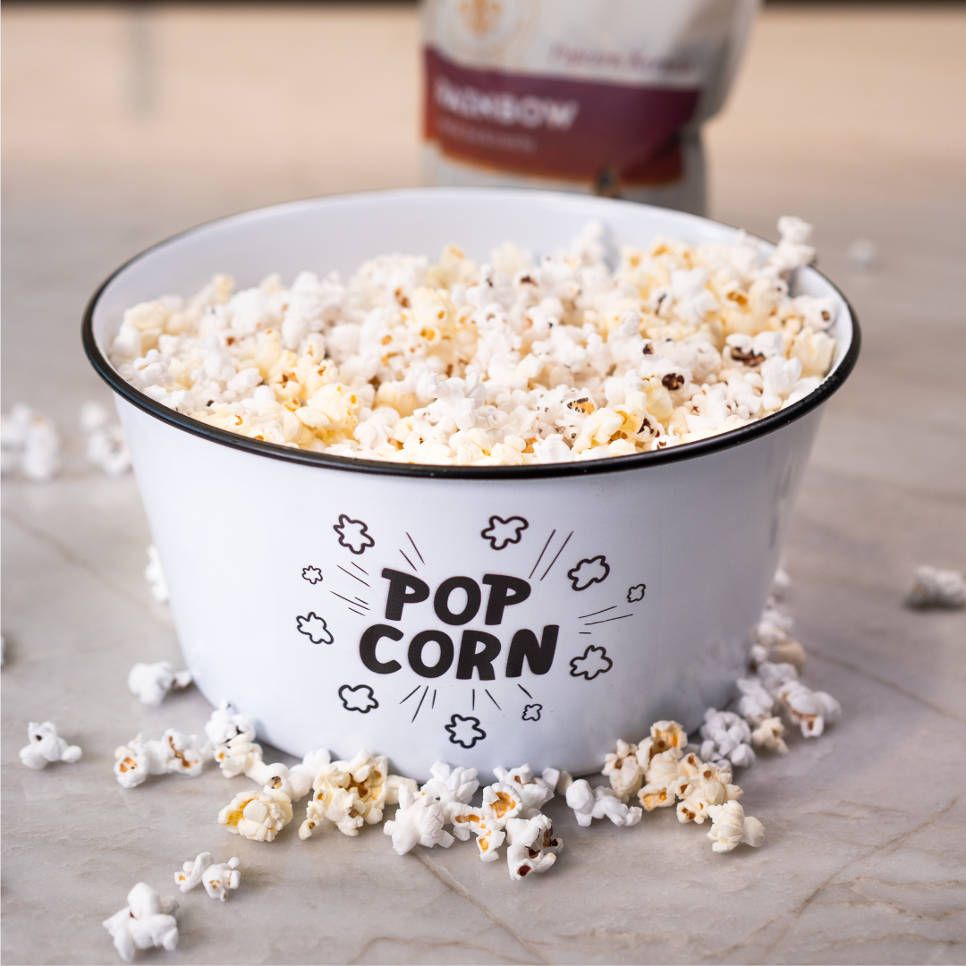 Black and White enamel popcorn bowl with popcorn - dell cove spices
