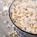 Black and White enamel popcorn bowl with popcorn closeup - dell cove spices