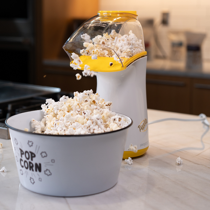 Black and White enamel popcorn bowl with popcorn and air popcorn popper - dell cove spices