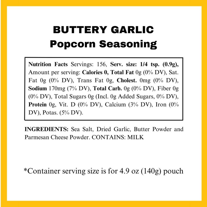 Buttery Garlic popcorn seasoning - nutritional panel - dell cove spices