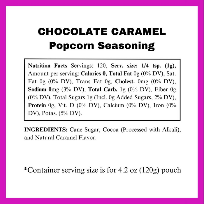 Chocolate Caramel Popcorn Seasoning nutritional panel  - dell cove spices