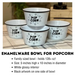 Black and White enamel popcorn bowl with size description - dell cove spices