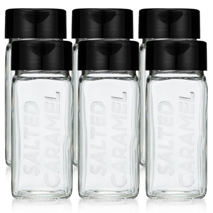 Six empty glass spice jar with black flip cap and sifter cap with popcorn seasoning flavor salted caramel laser etched on one side - dell cove spices