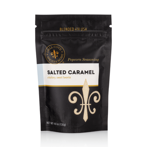 Salted Caramel popcorn seasoning pouch front - dell cove spices