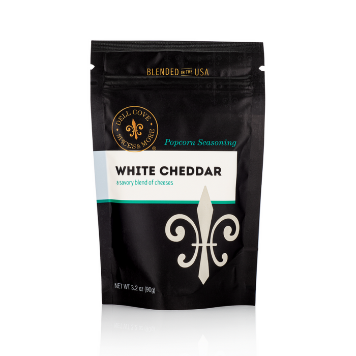 White cheddar popcorn seasoning front pouch - dell cove spices