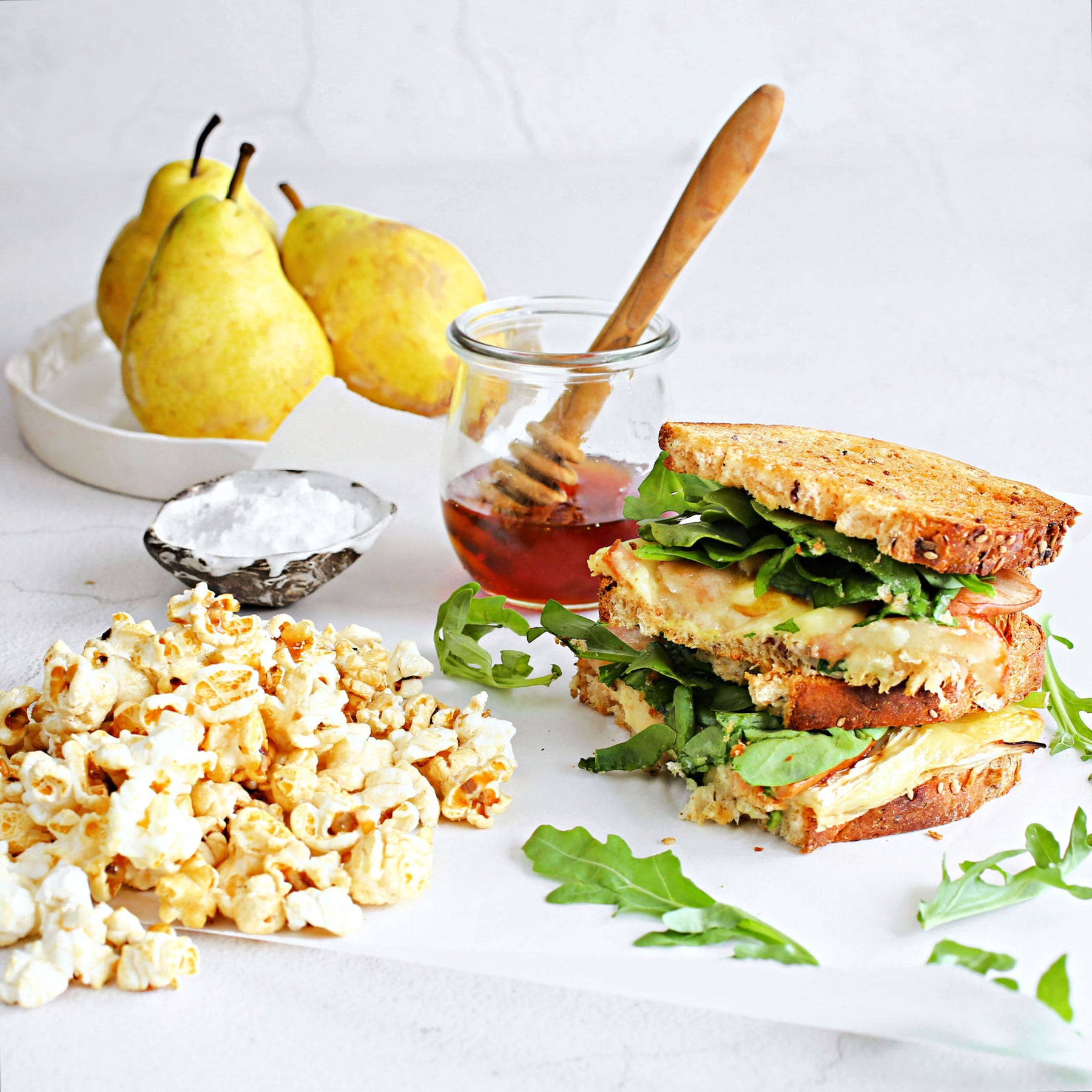 Pear and Brie Sandwich with Popcorn