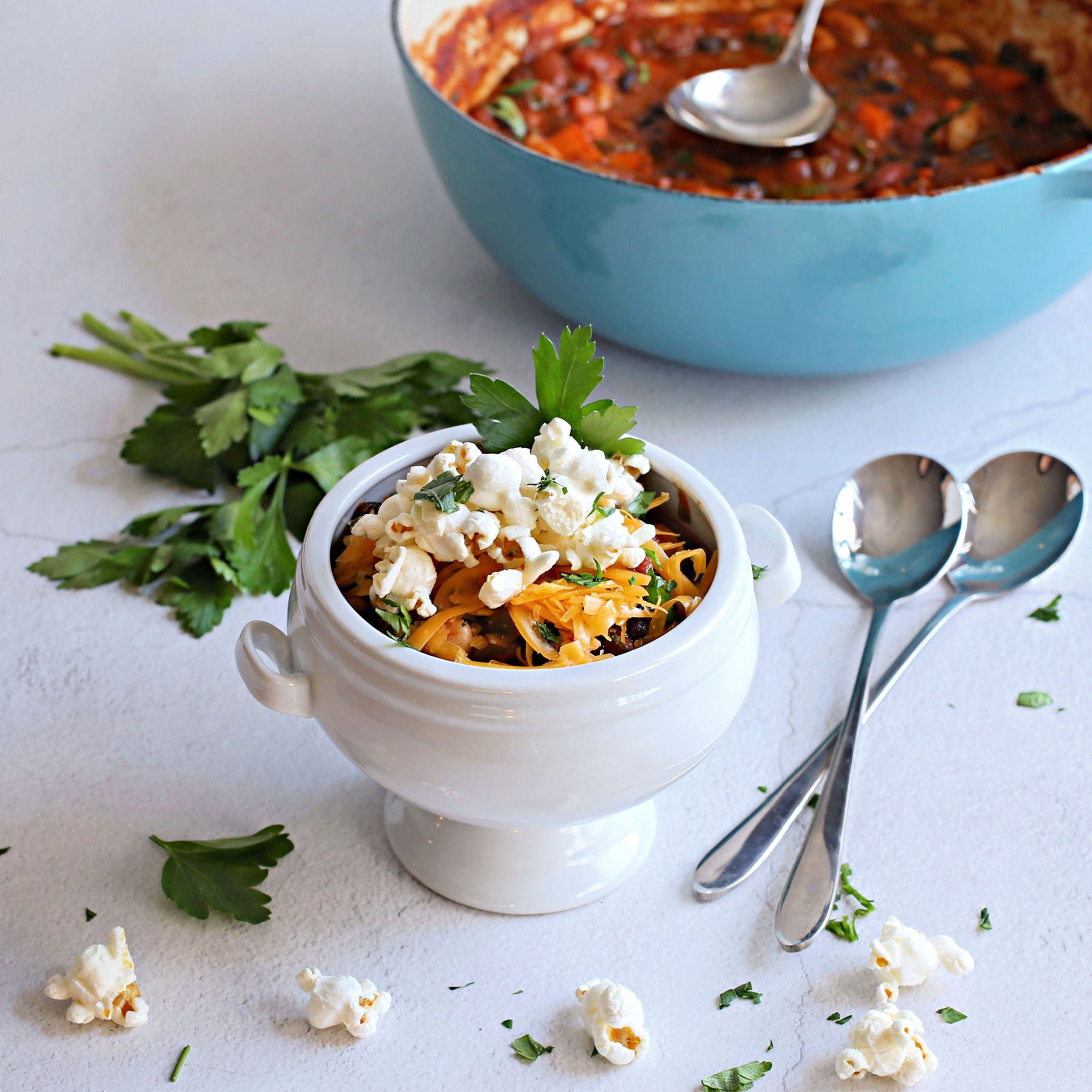 Vegetarian Chili with Popcorn Croutons