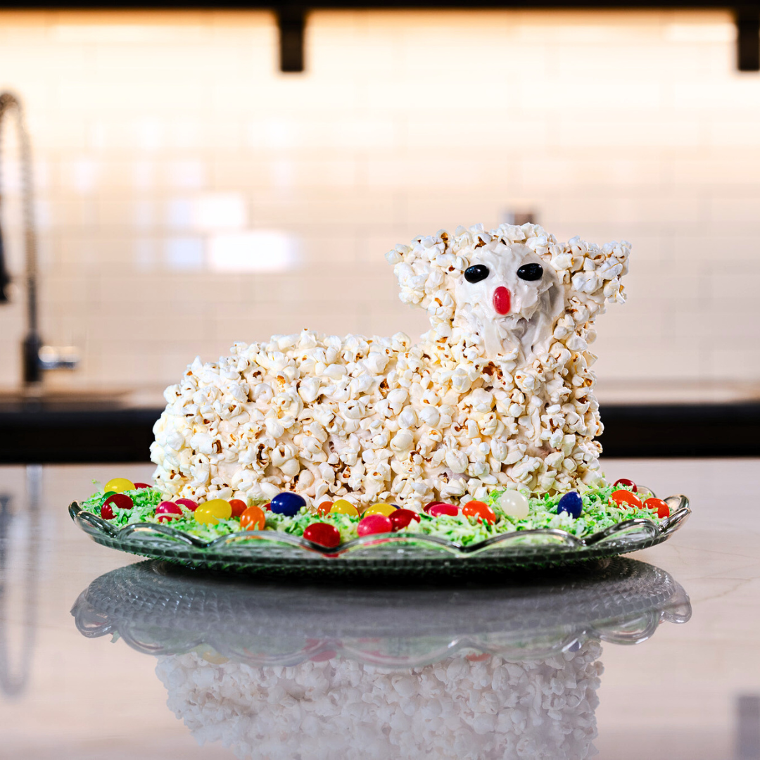 Recipe for making an Easter Lamb Cake with Popcorn Wool