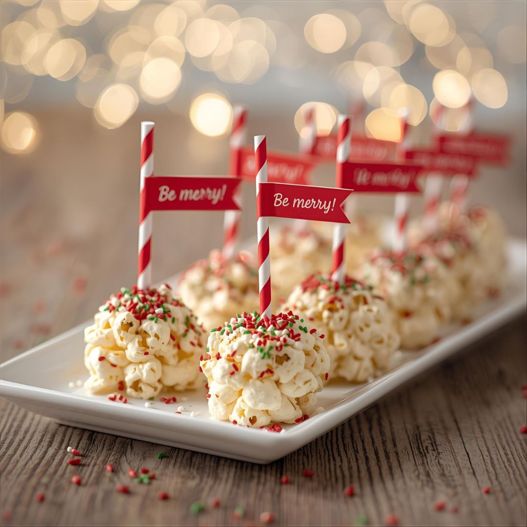 Holiday popcorn balls with red and green sprinkles and striped straws on a festive plate.