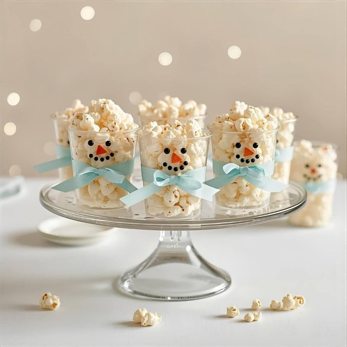 Festive Snowman Popcorn Cups on a glass cake stand, each cup decorated with snowman face and blue ribbon scarf.