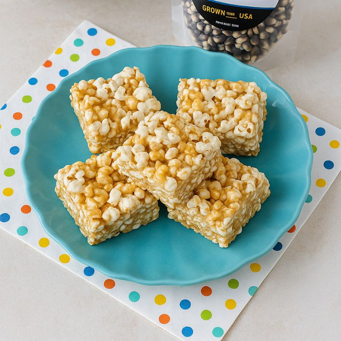Crunchy peanut butter popcorn bars recipe made with Dell Cove's Midnight Blue popcorn kernels - a no-bake, sweet-and-salty snack that’s perfect for lunchboxes, after-school treats, or on-the-go fuel.