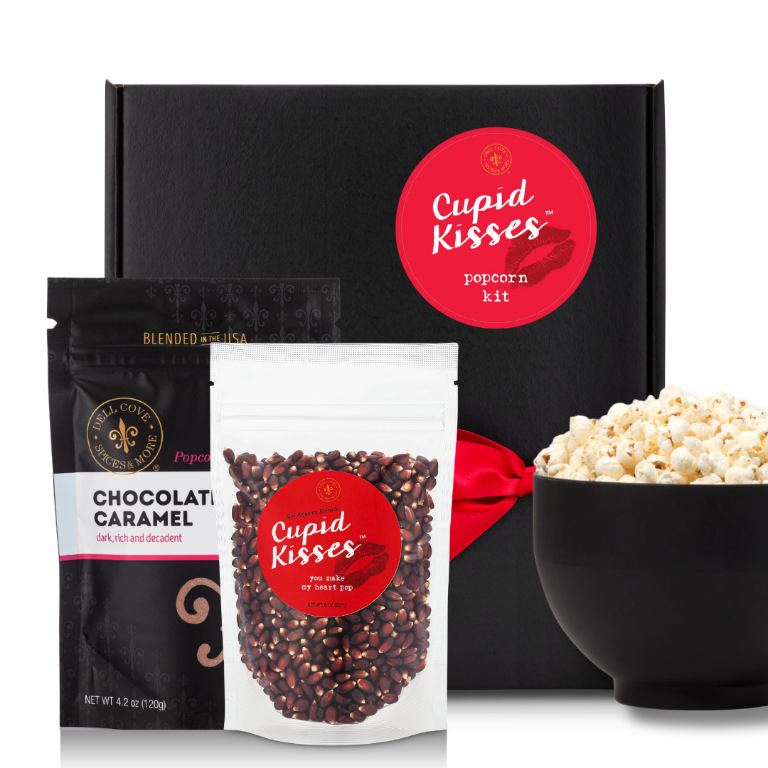 Cupid Kisses Popcorn and Seasoning Gift Set with Popcorn Popper - Dell Cove Spices