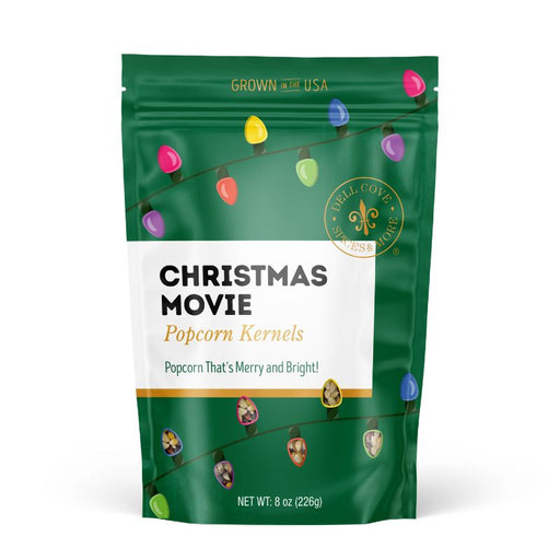 Dell Cove Christmas Movie Popcorn Kernels in holiday lights pouch with rainbow multicolor kernels on a white background