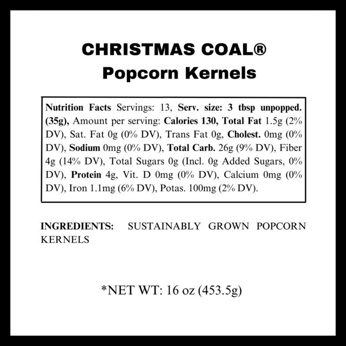 Christmas Coal Popcorn Kernels for Christmas stockings - black popcorn with coal - nutritional panel - Dell Cove Spices