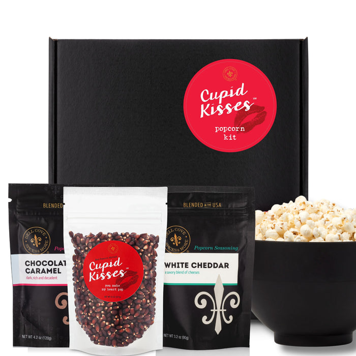 Cupid Kisses® Popcorn Valentine Gift Box - Popcorn + Popper + Sweet or Salty Seasonings for Romantic Movie Night Set