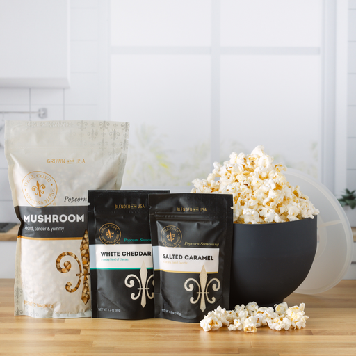 Family Sized Popcorn Gift Set: 2 Popcorn Seasonings + 2 Pounds Popcorn Kernels + Silicon Popper - Dell Cove Spices