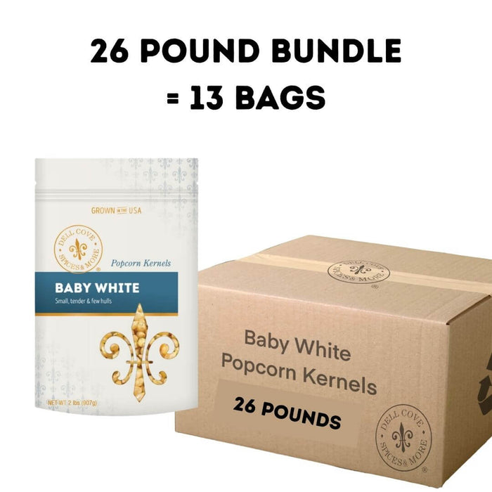 Bulk bundle of 26 pounds of Baby White gourmet popcorn kernels from Dell Cove Spices & More in thirteen 2 pound bags.
