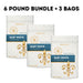 Bulk bundle of 6 pounds of Baby White gourmet popcorn kernels from Dell Cove Spices & More in three 2 pound bags.