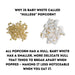 Baby White hulless popcorn kernels shown with popped popcorn and an explanation of the delicate hull