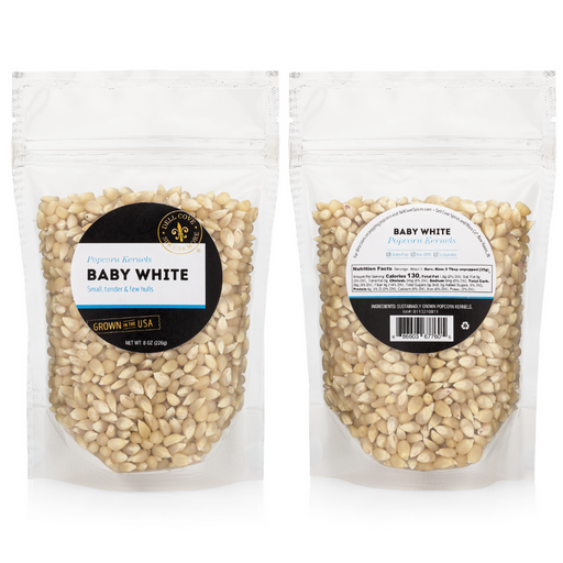 Baby white popcorn kernels half pound pack front and back - dell cove spices