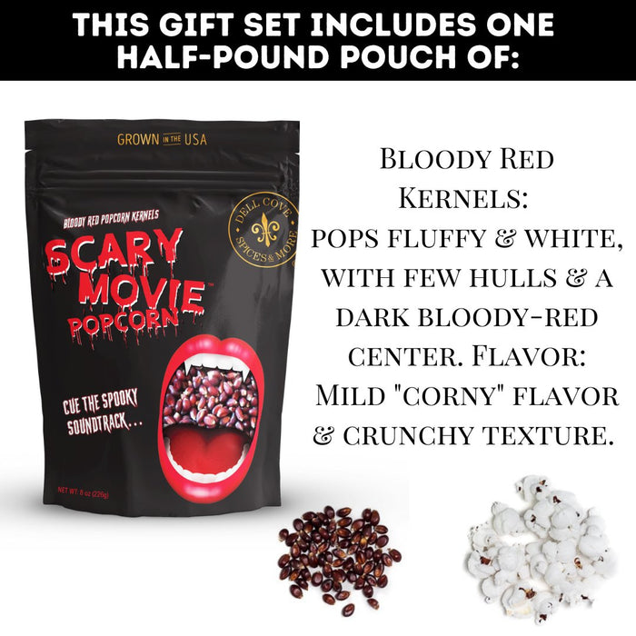 Scary Movie Popcorn packaging with text detailing product features.