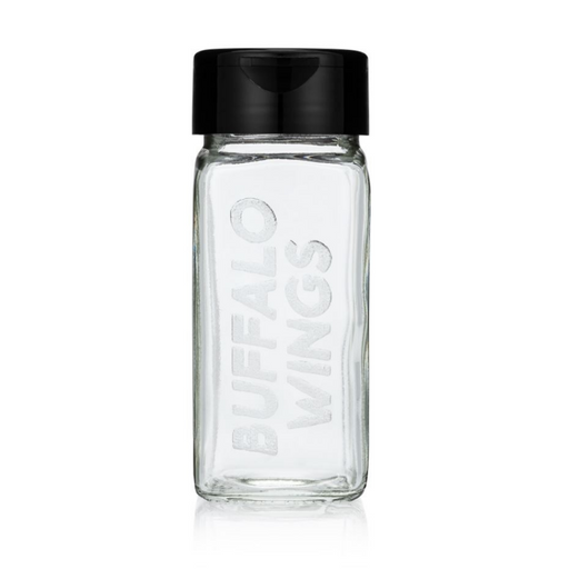 Empty glass spice bottle laser etched with the words BUFFALO WINGS on one side - dell cove spices