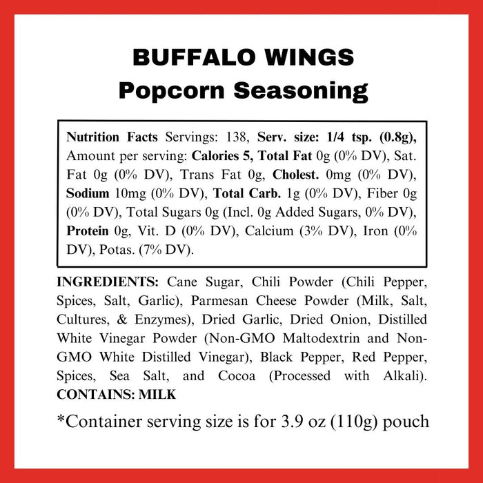 Buffalo Wings popcorn seasoning nutritional panel - dell cove spices