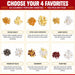 Six Dell Cove gourmet popcorn kernel varieties with photos of unpopped kernels and popped popcorn, showing the options for a customizable four-variety sampler.