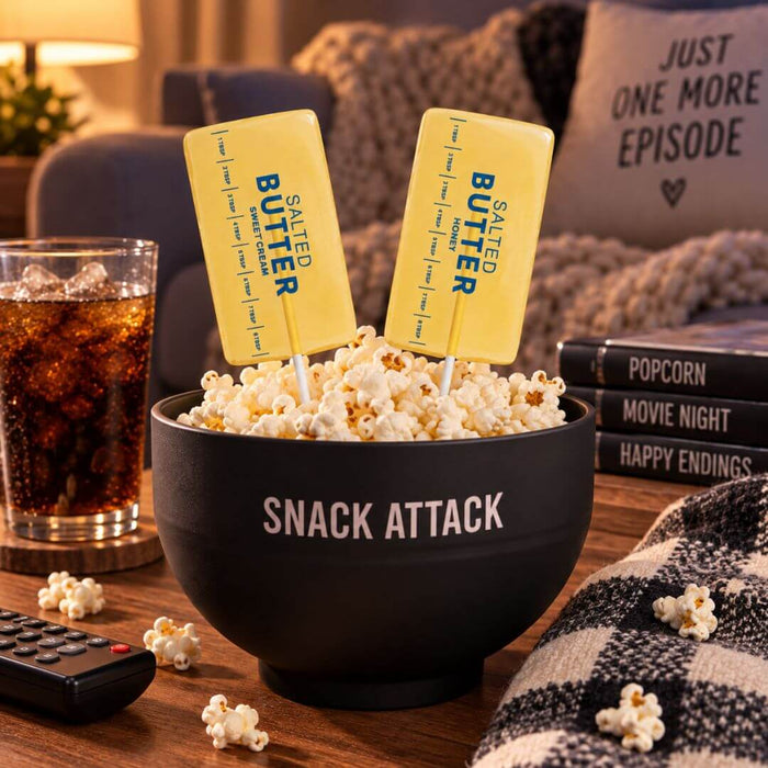 Salted Butter Sweet Cream and Honey Butter lollipops tucked into a Snack Attack bowl of popcorn for movie night