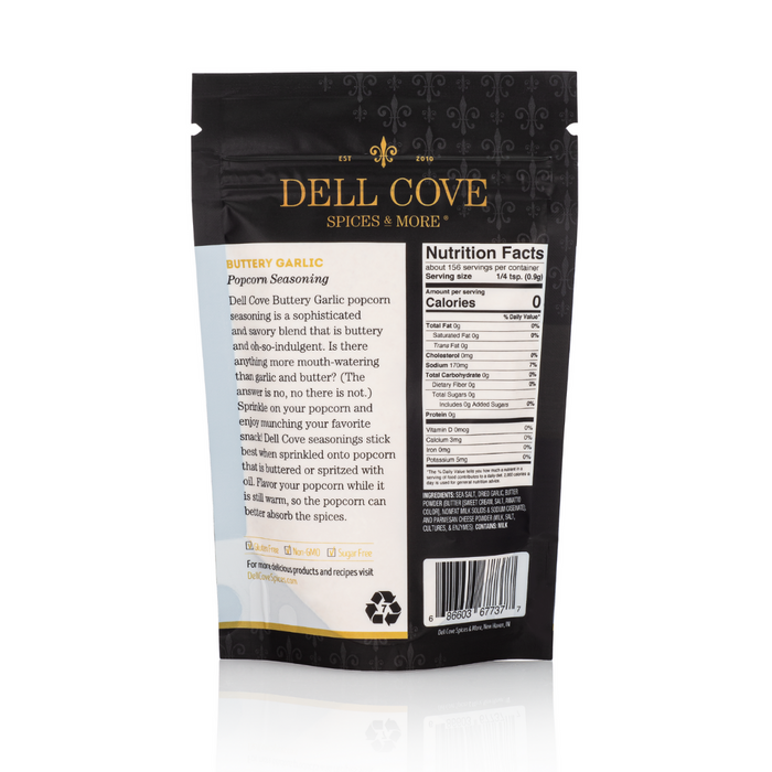 Buttery Garlic popcorn seasoning - pouch back - dell cove spices