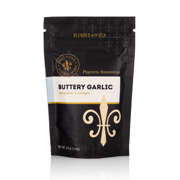 Buttery Garlic popcorn seasoning - pouch front - dell cove spices
