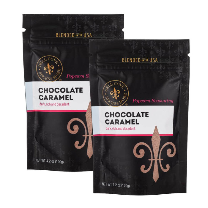 Two pouches of Dell Cove Chocolate Caramel Popcorn Seasoning, half-pound bundle.