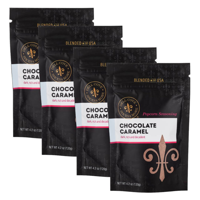 Four pouches of Dell Cove Chocolate Caramel Popcorn Seasoning, one-pound bundle.