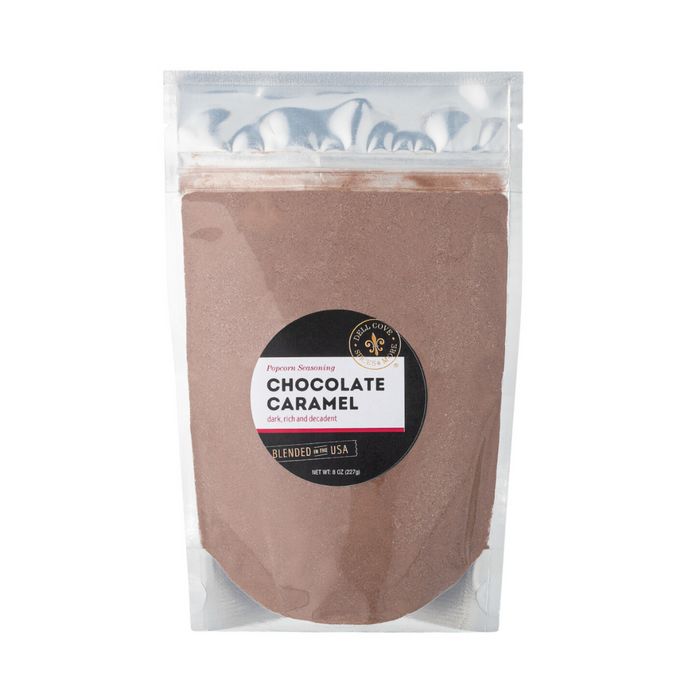 Chocolate Caramel Popcorn Seasoning - half pound pouch front - dell cove spices