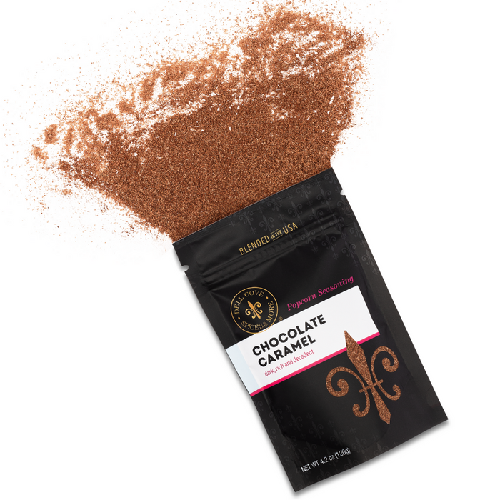Chocolate Caramel Popcorn Seasoning - pouch spill - dell cove spices