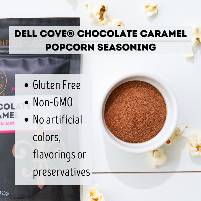 Chocolate Caramel Popcorn Seasoning in small bowl - dell cove spices