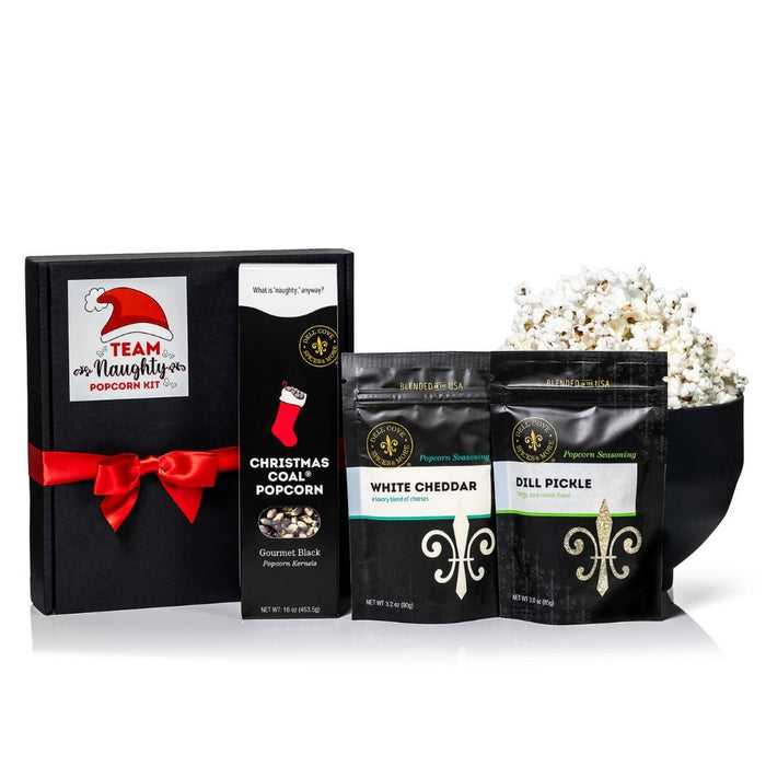 Christmas Coal Popcorn Gift Set showing black popcorn kernels and seasoning packets with gift box.