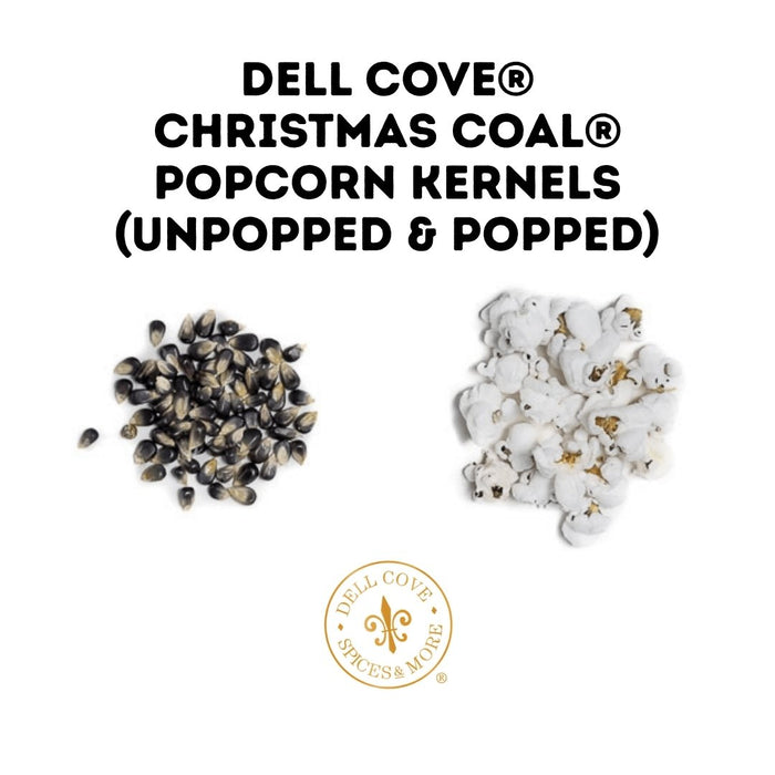 Dell Cove Christmas Coal popcorn kernels with un popped and popped popcorn on a white background
