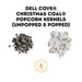 Dell Cove Christmas Coal popcorn kernels with un popped and popped popcorn on a white background