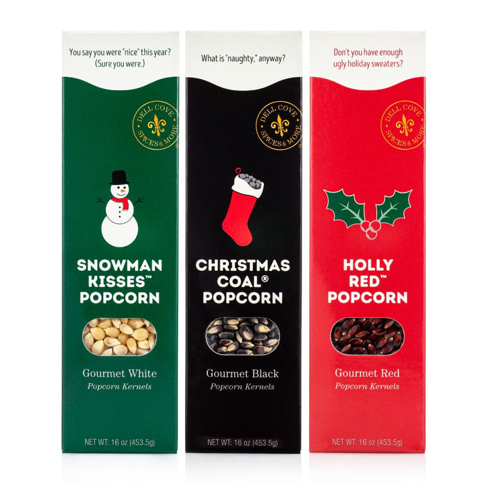 Holiday popcorn trio gift box from Dell Cove® with three festive popcorn flavors