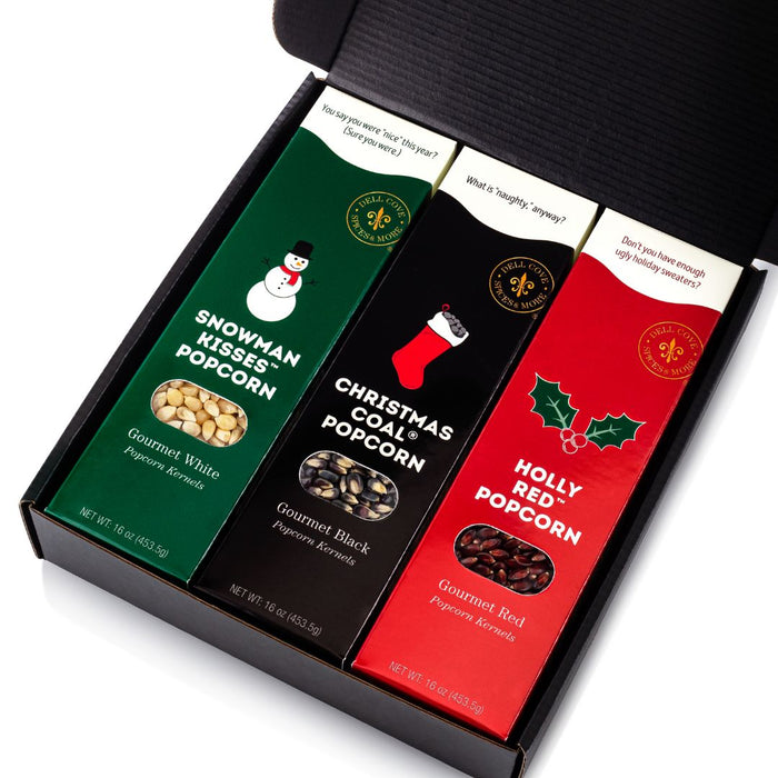 Dell Cove® Christmas Popcorn Gift Set with Coal, Holly Red and Snowman Kisses kernels
