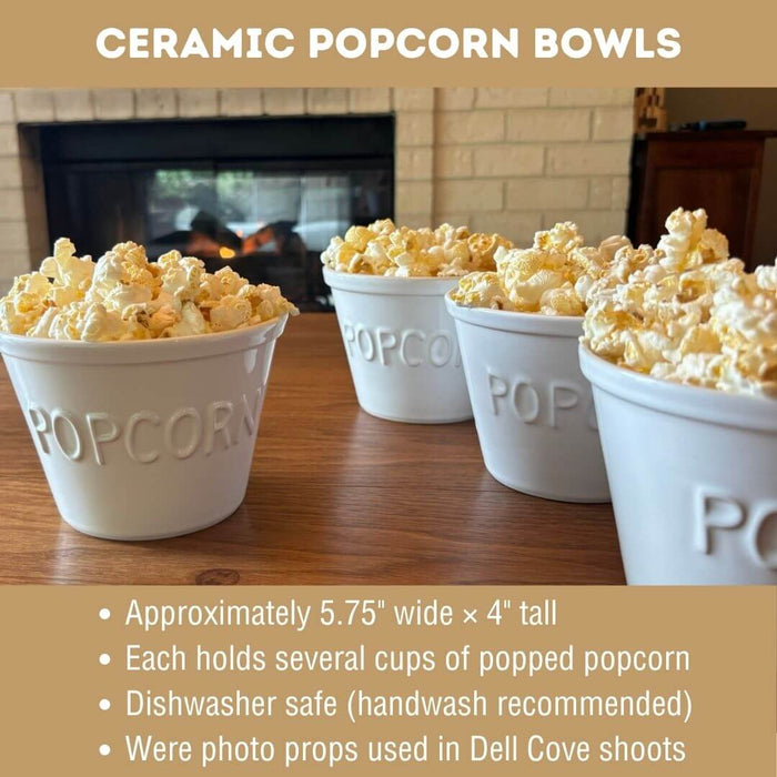 Crate & Barrel ceramic popcorn bowls showing size, care and set details