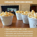 Crate & Barrel ceramic popcorn bowls showing size, care and set details