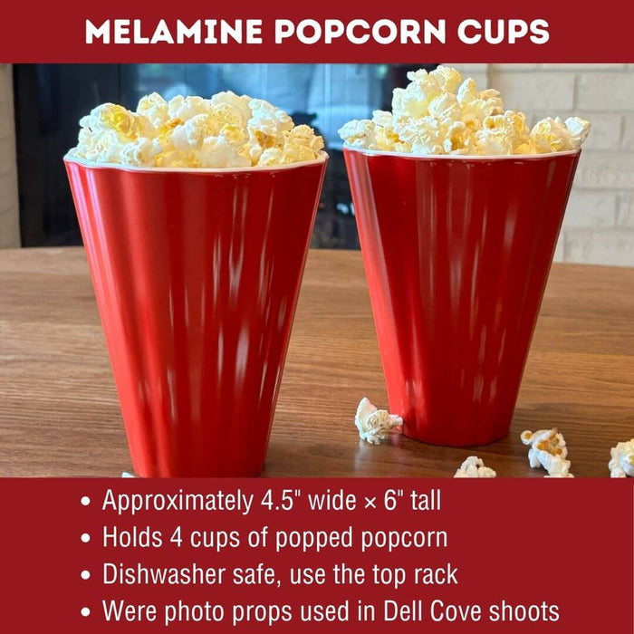 Crate & Barrel red melamine popcorn cups showing size, capacity and dishwasher care