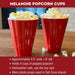 Crate & Barrel red melamine popcorn cups showing size, capacity and dishwasher care