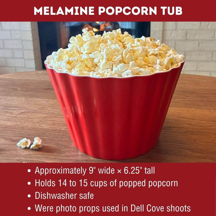 Red melamine Crate & Barrel popcorn tub showing size, capacity and care details
