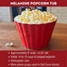 Red melamine Crate & Barrel popcorn tub showing size, capacity and care details