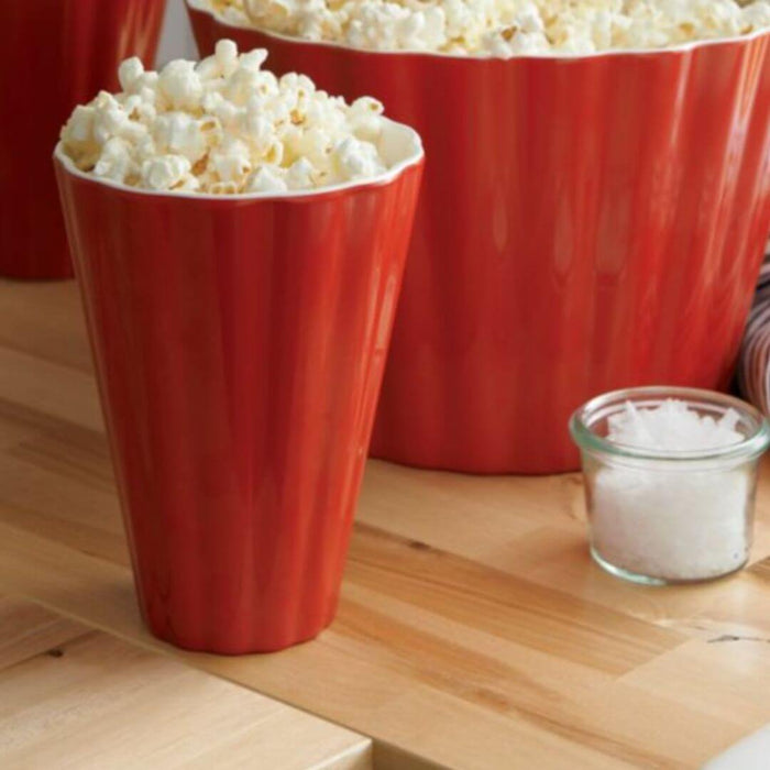 Crate & Barrel red scalloped melamine popcorn cup with matching large popcorn tub