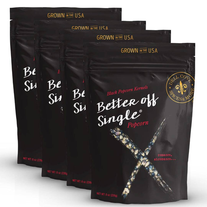 Four half-pound bags of Dell Cove Better Off Single black popcorn kernels – gourmet popcorn for self-care snacks and care packages