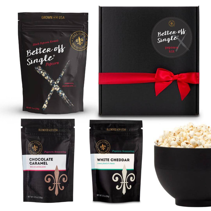 Better Off Single® Popcorn Kit with two Dell Cove popcorn seasonings, ready for self-care movie night.